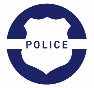 Blue and white circular police badge icon with the word POLICE written across a shield emblem.