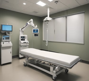 A professional appraiser carefully inspecting advanced medical equipment in a bright hospital setting.