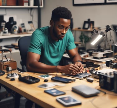 A technician repairing a smartphone at AIG Gadgets service center.
