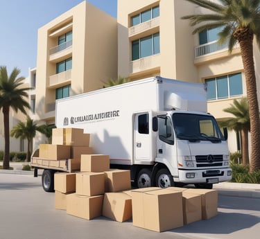A friendly team of movers carefully packing and loading a family's belongings into a Budget Movers UAE truck in a sunny neighborhood.