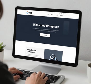 Sleek futuristic office environment in Geneva with screens displaying cutting-edge web designs.