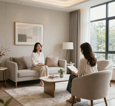 A warm, inviting therapy room with soft lighting and comfortable seating, reflecting a safe and supportive environment.
