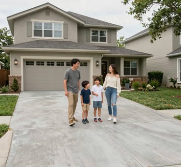 A perfectly sealed and crack-free residential concrete driveway gleaming under soft sunlight.