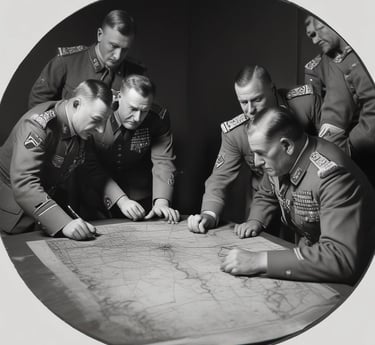 A close-up of aged parchment with sepia-toned military maps, scattered chess-like pieces, and dice casting soft shadows on a wooden table.