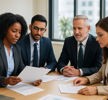 A professional notary in navy blue attire carefully reviewing documents at a sleek, minimalist desk with gold-accented office decor.
