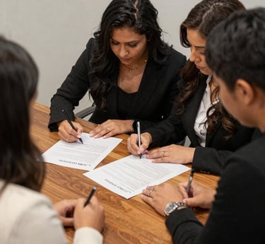 A friendly mobile notary professionally assisting a client with loan documents in a cozy home setting.