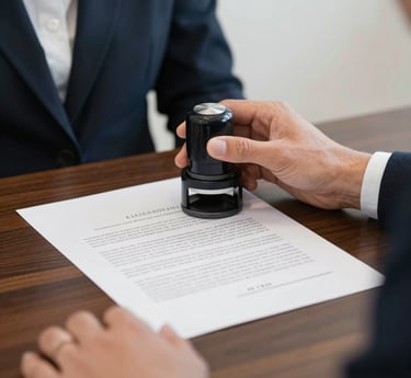 A professional notary in navy blue attire carefully reviewing documents at a sleek, minimalist desk with gold-accented office decor.