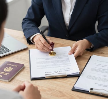 A professional notary in navy blue attire carefully reviewing documents at a sleek, minimalist desk with gold-accented office decor.