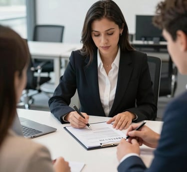 A professional notary in navy blue attire carefully reviewing documents at a sleek, minimalist desk with gold-accented office decor.