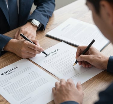 A professional notary in navy blue attire carefully reviewing documents at a sleek, minimalist desk with gold-accented office decor.