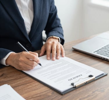 A professional notary in navy blue attire carefully reviewing documents at a sleek, minimalist desk with gold-accented office decor.