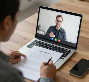 A professional notary in navy blue attire carefully reviewing documents at a sleek, minimalist desk with gold-accented office decor.