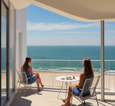 A scenic coastal view showing charming houses along the shore under a clear sky.