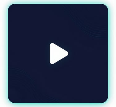 Dark navy SaaS card with cyan accents displaying a two-column layout: left side with status rows and right side with a large rounded video placeholder featuring a play icon.