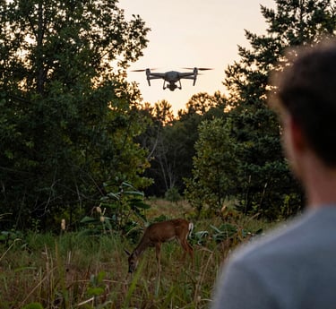 A drone flying low over a dense Wisconsin forest at sunset, with a deer quietly grazing below.