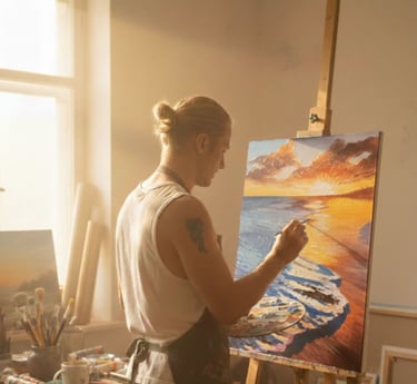 TomSi at work standing at the easel in the studio atelier