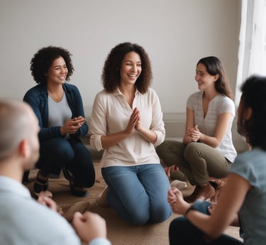 A warm, candid photo of a mother with her four boys, smiling together in a cozy home setting.
