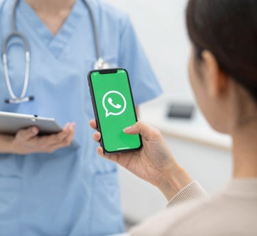 A friendly AI interface on a tablet screen assisting a doctor in a bright clinic.