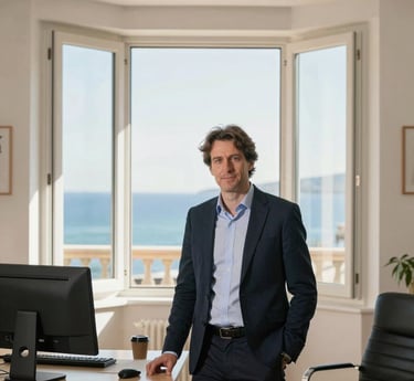 A professional advisor discussing property investment strategies with clients in a modern office.