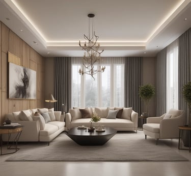 A serene residential interior showcasing custom wood millwork and balanced spatial design bathed in natural light.