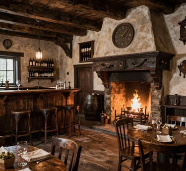 Rustic wine bar interior featuring a stone fireplace with a roaring fire, wooden beams, and bar stools.