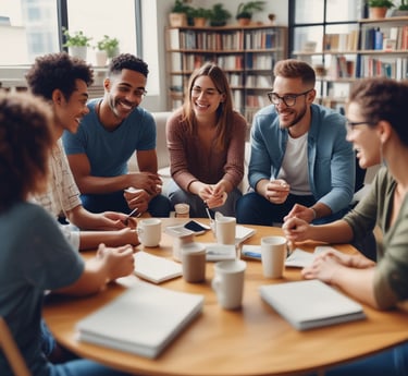 A vibrant illustration of a person joyfully speaking English with colorful speech bubbles around them.