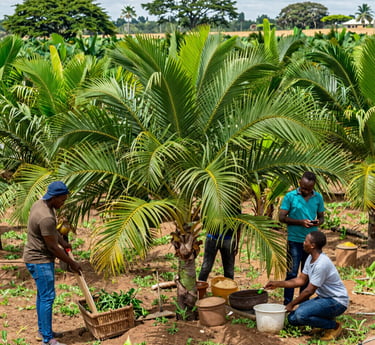 A vibrant African farm landscape showing rich soil, growing crops, and farmers working under a bright sky.
