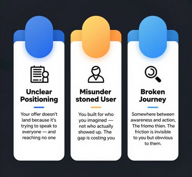 Three green cards highlighting marketing pain points: Unclear Positioning, Misunderstood User, and Broken Journey.