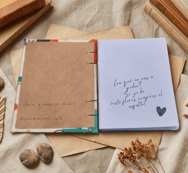 Cuaderno hecho a mano con encuadernación cosida a mano y una cita inspiradora en español sobre papel