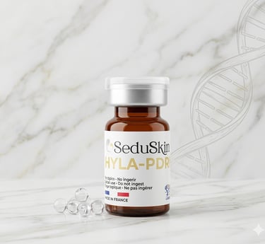 SeduSkin HYLA-PDRN skincare vial on a marble background with clear treatment capsules.