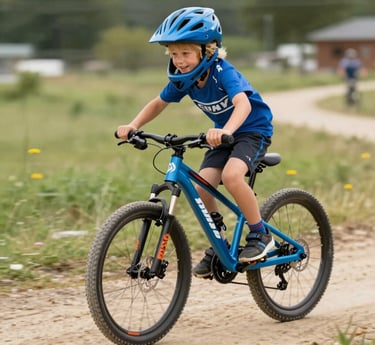 A cheerful child wearing a colorful helmet, riding a bright blue Willubike bike along a sunny park path.