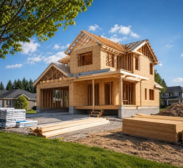 Wood frame construction of a new two-story suburban house under a clear blue sky.