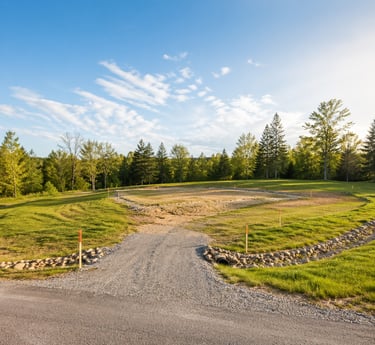 Gravel driveway leading to a cleared land construction site for a new home foundation.