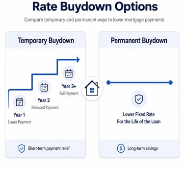 Infographic comparing temporary and permanent mortgage rate buydown options for lower monthly payments.