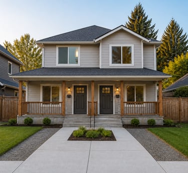 Modern two-story duplex house with gray siding, wooden porch columns, and a concrete walkway.