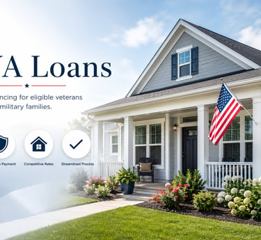VA loans for veterans featuring a suburban house with an American flag and home financing benefits.