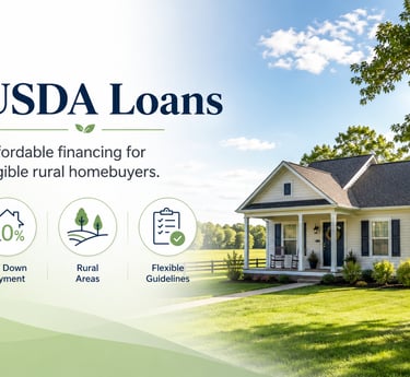 USDA loans infographic showing a rural house with zero down payment and flexible home financing guidelines.
