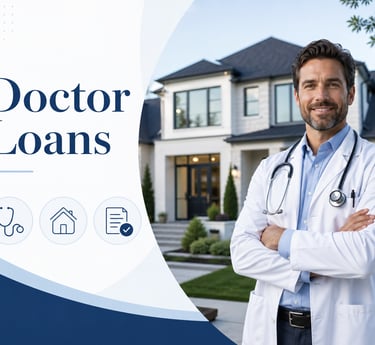 A smiling male physician in a white coat standing in front of a modern house for doctor loans.