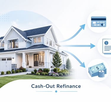 A modern suburban home infographic explaining cash-out refinance for debt and cash savings.