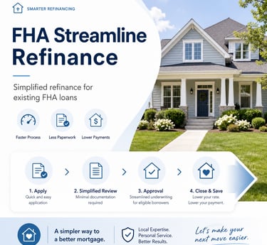 Infographic showing the FHA Streamline Refinance process for homeowners with a suburban house background.
