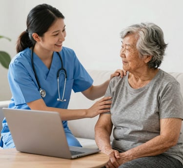 A warm caregiver sharing a smile with an elderly woman in a cozy living room.