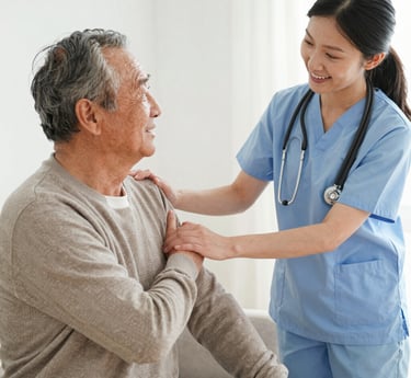 A warm caregiver holding hands with an elderly client in a cozy living room.