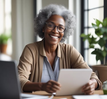 A friendly older business owner smiling while using a laptop, with subtle AI-themed graphics in the background.