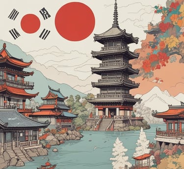 A cozy workspace with Japanese and Korean products neatly arranged, showing a friendly online store vibe.