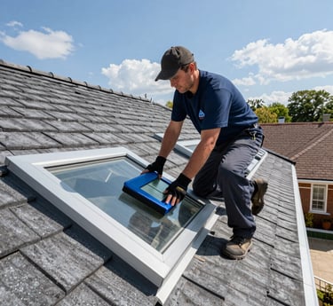 A skilled roofer carefully repairing a residential roof under a bright blue sky.