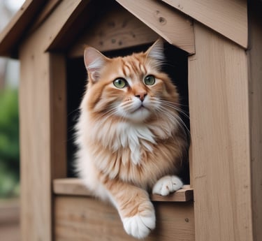 A warm, inviting cat house nestled among greenery with a content cat resting inside.