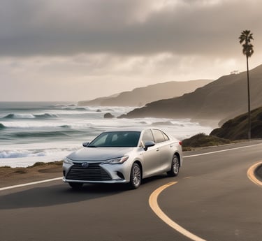 A silver Toyota driving on the pacific coast highway