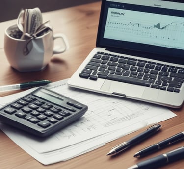 A confident professional advising a small business owner with financial documents and a calculator in a modern office setting.