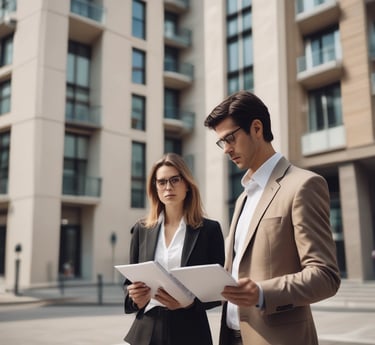 A professional team inspecting a residential building site, discussing investment opportunities.