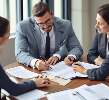 Professional team discussing financial strategies in a modern office setting.